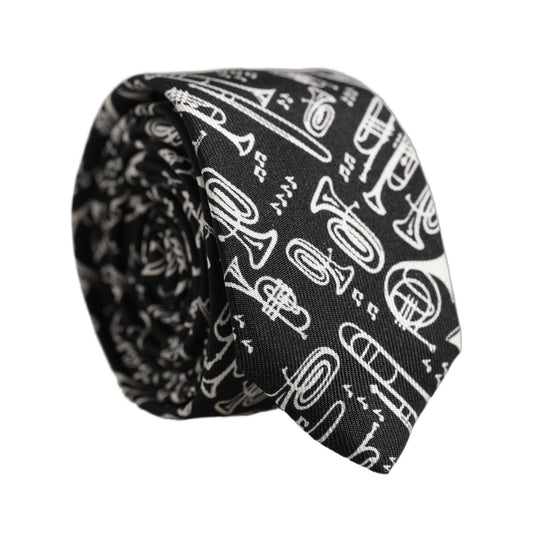 Dolce & Gabbana Black Musical Instrument Silk Adjustable Tied Necktie Tie