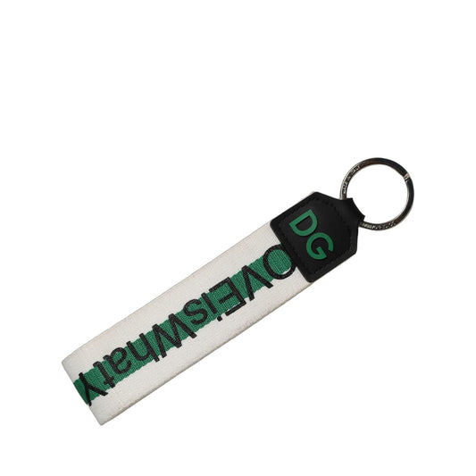 Dolce & Gabbana Green Logo Polyester Silver Brass Holder Keychain Keyring