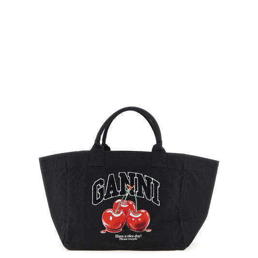 Ganni Black Recycled Cotton Tote Bag