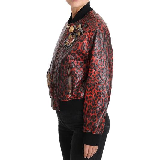 Dolce & Gabbana Red Leopard Bomber Leather Jacket with Crystal Buttons Coats & Jackets Dolce & Gabbana Dark Slate Gray