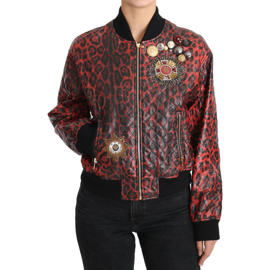 Dolce & Gabbana Red Leopard Bomber Leather Jacket with Crystal Buttons Coats & Jackets Dolce & Gabbana Dark Slate Gray
