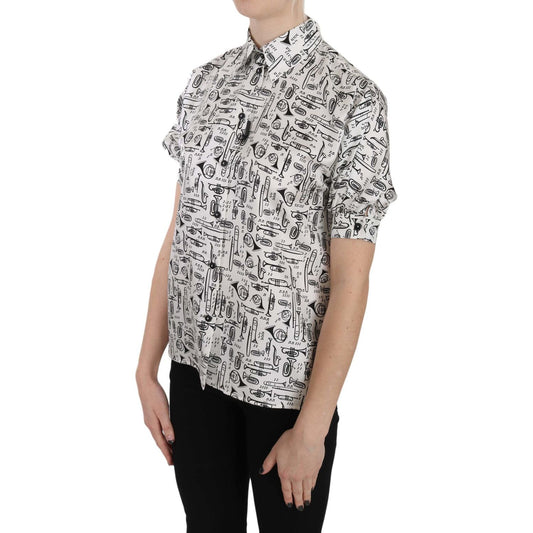 Dolce & Gabbana Elegant Trumpet Print Silk Blouse Dolce & Gabbana Gray
