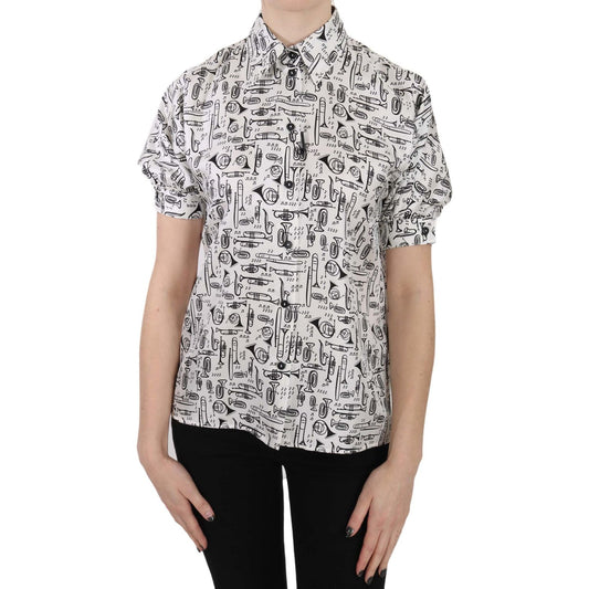 Dolce & Gabbana Elegant Trumpet Print Silk Blouse Dolce & Gabbana Gray