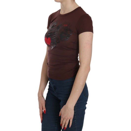Exte Chic Brown Hearts Print Crew Neck Blouse Exte Rosy Brown
