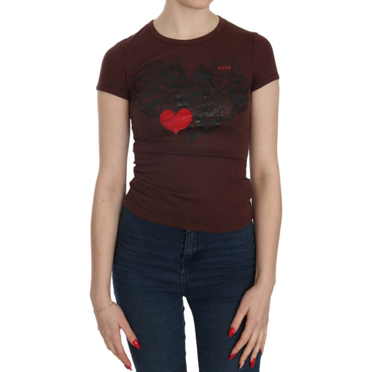 Exte Chic Brown Hearts Print Crew Neck Blouse Exte Rosy Brown