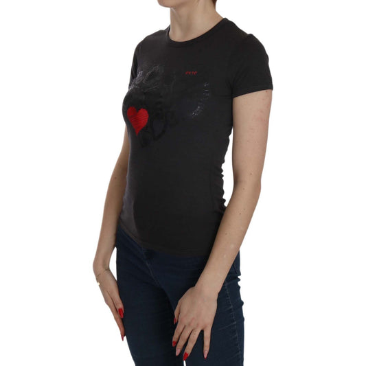 Exte Black Hearts Print Crew Neck Blouse Exte Rosy Brown