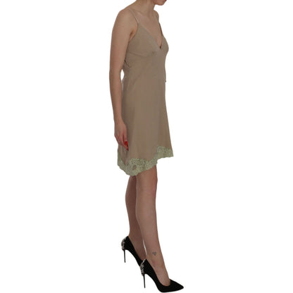 PINK MEMORIES Beige Lace Spaghetti Strap Mini Cotton Dress
