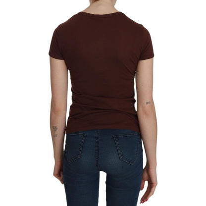 Exte Brown Heart Print Crew Neck T-shirt Short Sleeve Blouse