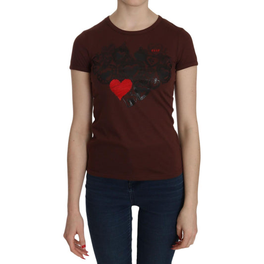 Exte Chic Brown Heart Print Crew Neck Top Exte Rosy Brown