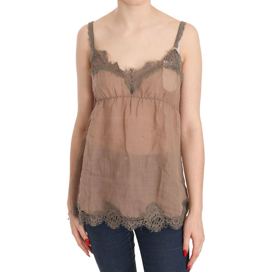 PINK MEMORIES Elegant Lace Brown Linen Blouse PINK MEMORIES Rosy Brown