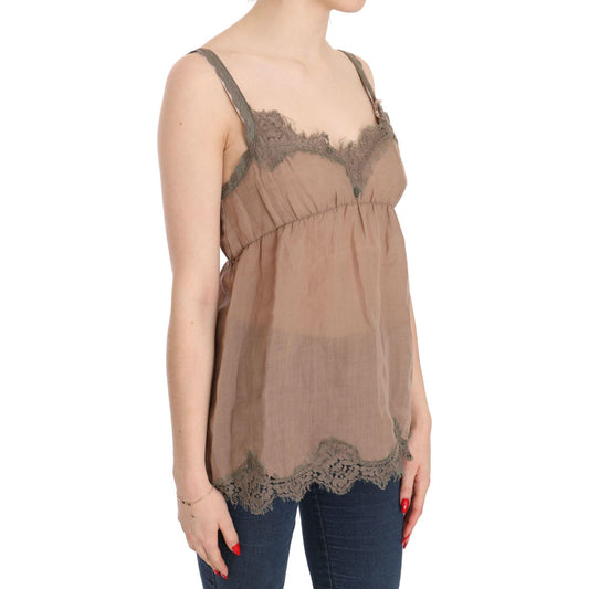 PINK MEMORIES Elegant Lace Brown Linen Blouse PINK MEMORIES Rosy Brown