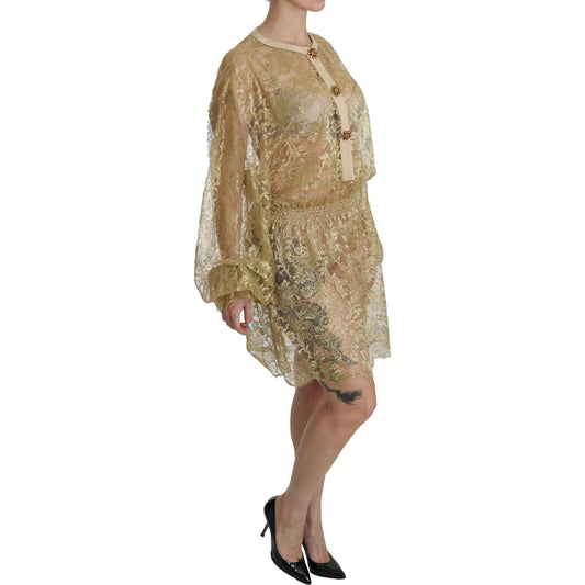 Dolce & Gabbana Elegant Gold Lace A-Line Knee Length Dress Dolce & Gabbana Rosy Brown