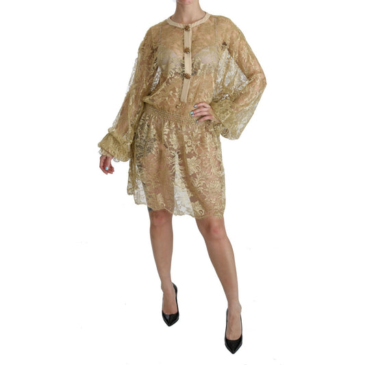 Dolce & Gabbana Elegant Gold Lace A-Line Knee Length Dress Dolce & Gabbana Rosy Brown