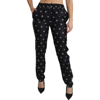 Dolce & Gabbana Black Printed Mid Waist Skinny Silk Pants Jeans & Pants