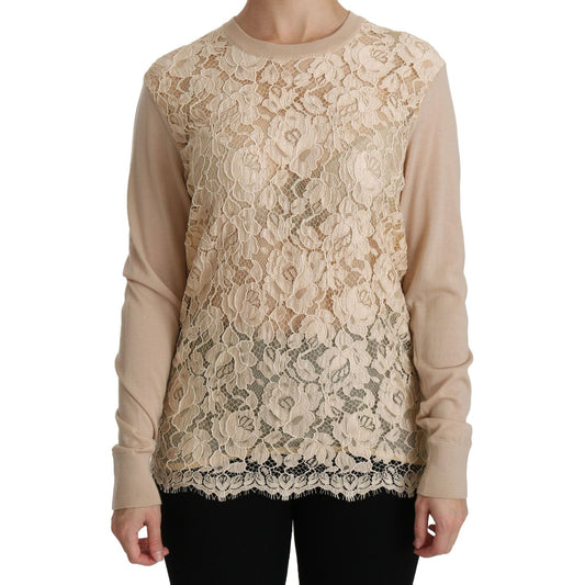 Dolce & Gabbana Elegant Beige Lace Crew Neck Cashmere Blouse Dolce & Gabbana Rosy Brown