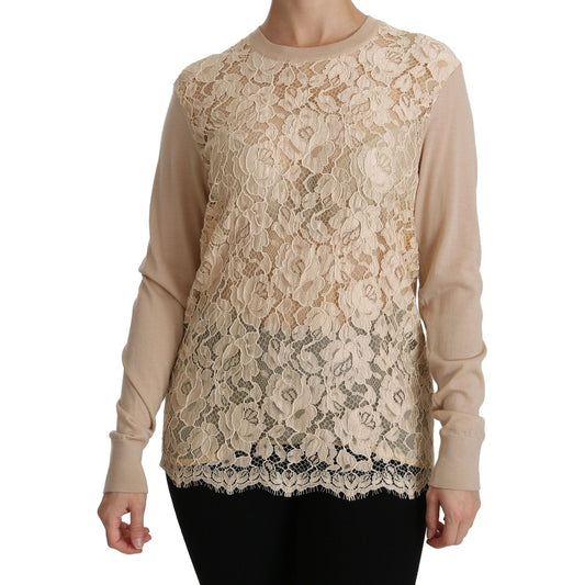 Dolce & Gabbana Elegant Beige Lace Crew Neck Cashmere Blouse Dolce & Gabbana Rosy Brown
