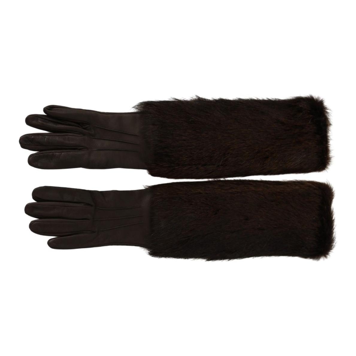 Dolce & Gabbana Brown Elbow Length Mittens Leather Fur Gloves
