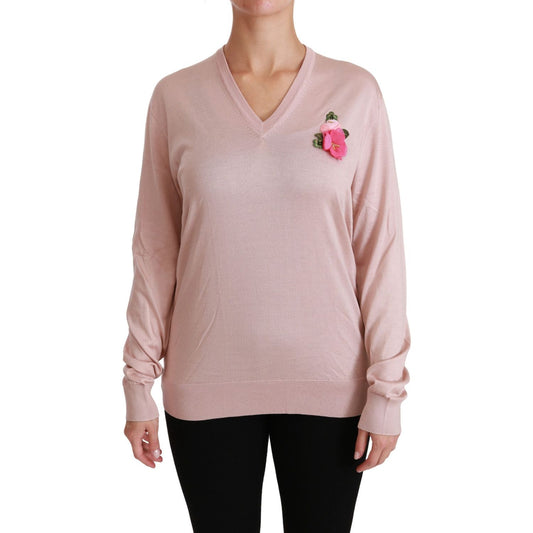 Dolce & Gabbana Pink Floral Silk V-Neck Sweater Dolce & Gabbana Rosy Brown