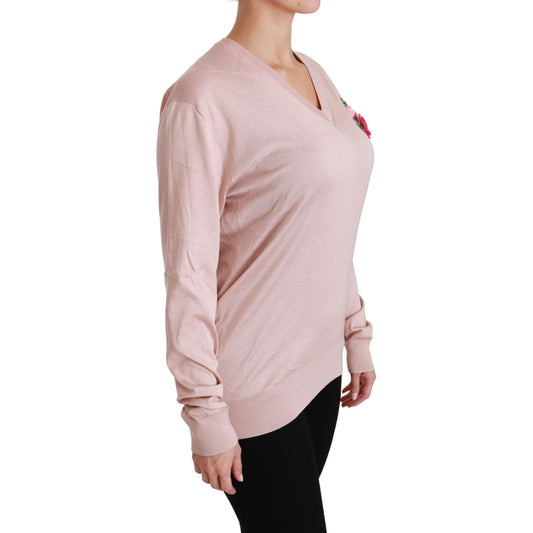 Dolce & Gabbana Pink Floral Silk V-Neck Sweater Dolce & Gabbana Gray