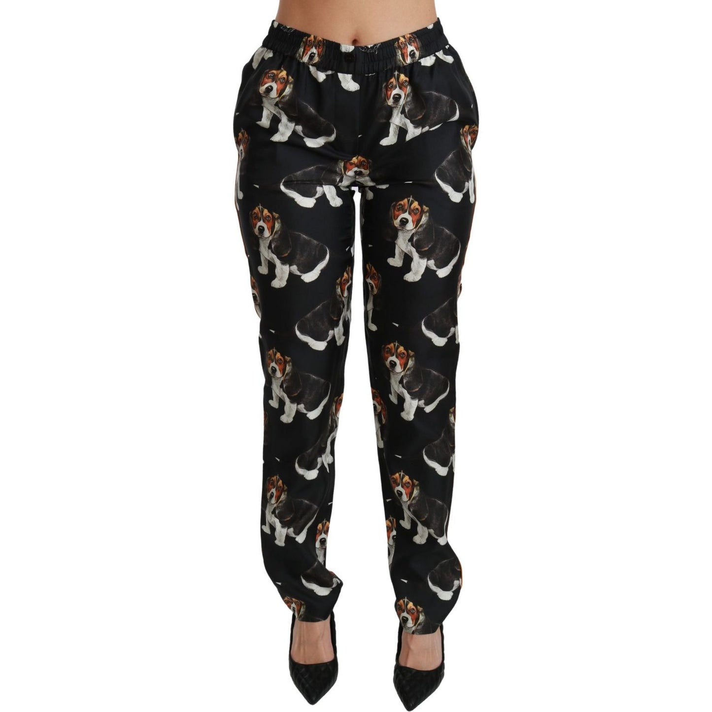 Dolce & Gabbana Black Puppy Dog Mid Waist Skinny Silk Pants