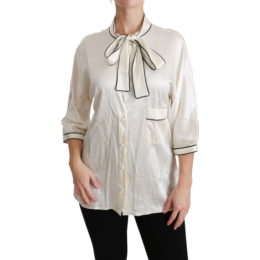 Dolce & Gabbana Elegant Beige Silk Blouse with Bow Scarf Dolce & Gabbana Gray