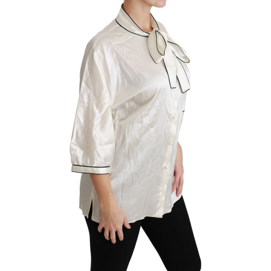 Dolce & Gabbana Elegant Beige Silk Blouse with Bow Scarf Dolce & Gabbana Light Gray