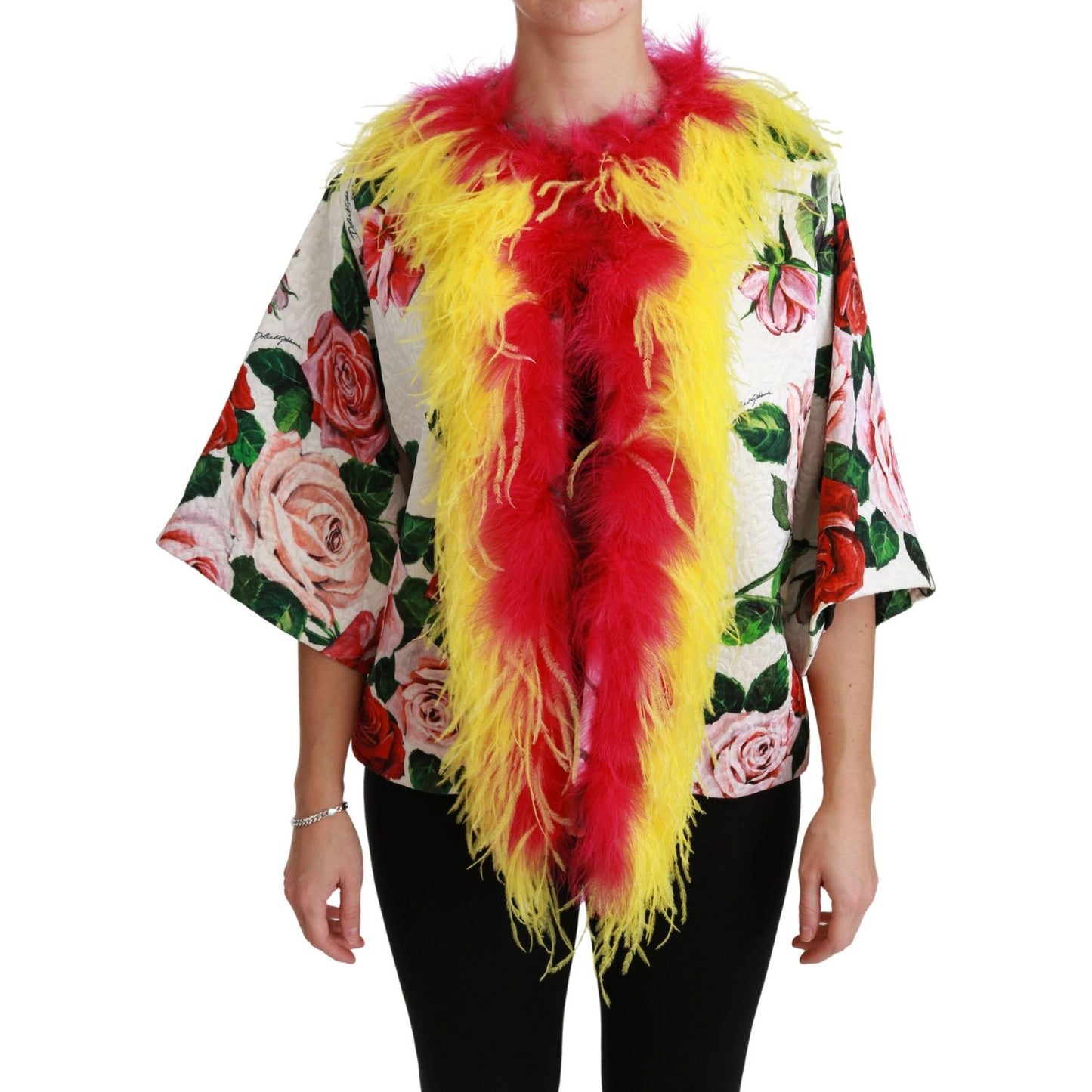 Dolce & Gabbana Elegant Floral Cape Jacket with Fur Details Coats & Jackets Dolce & Gabbana Dark Khaki