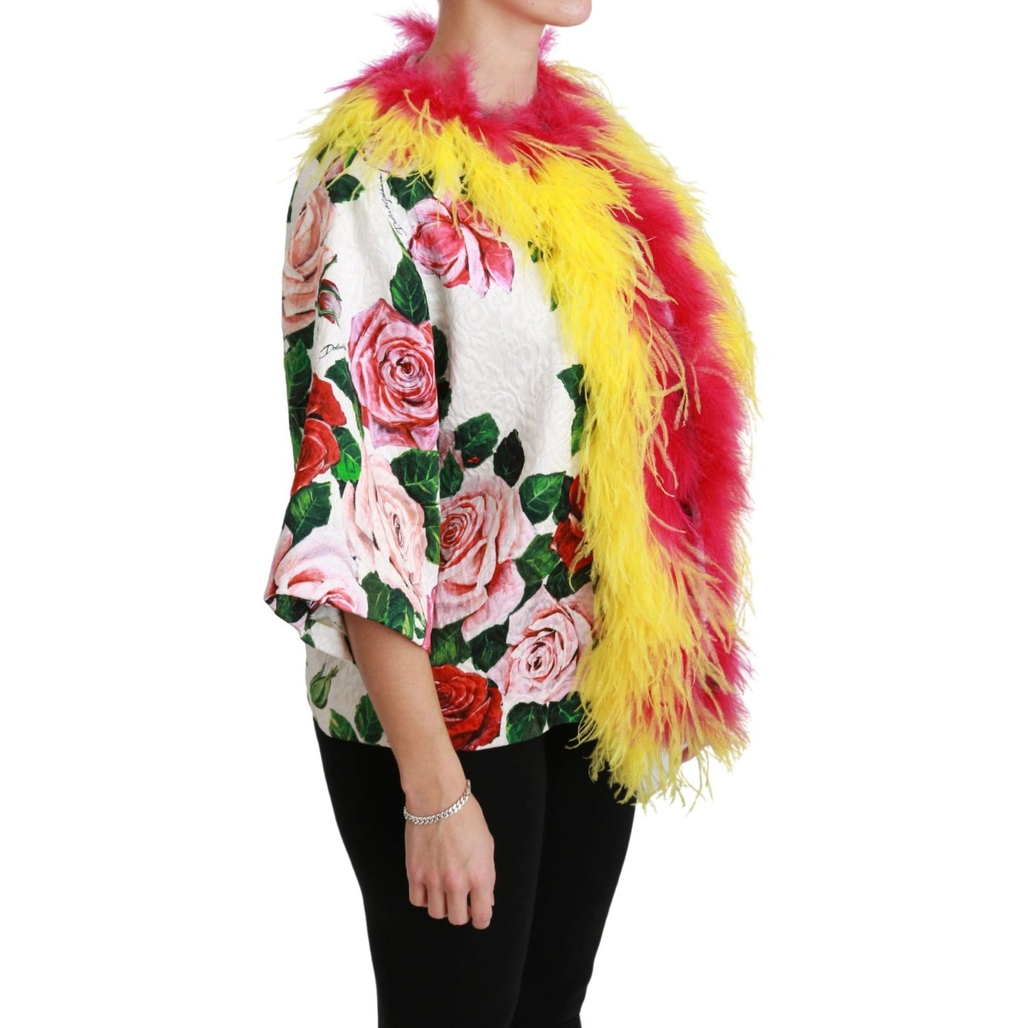 Dolce & Gabbana Elegant Floral Cape Jacket with Fur Details Coats & Jackets Dolce & Gabbana Tan