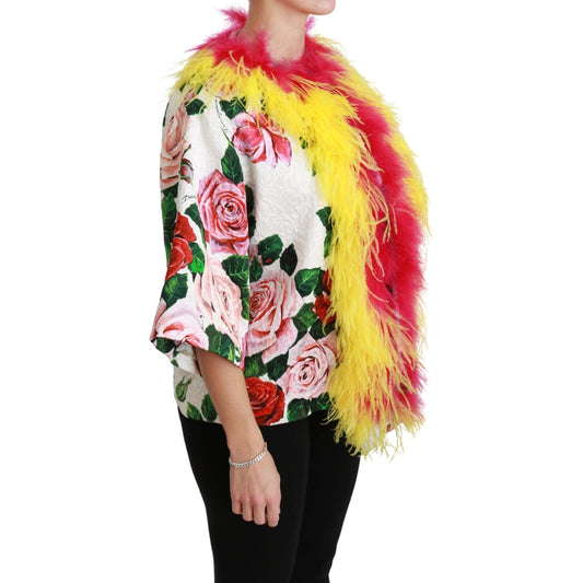 Dolce & Gabbana Elegant Floral Cape Jacket with Fur Details Coats & Jackets Dolce & Gabbana Tan