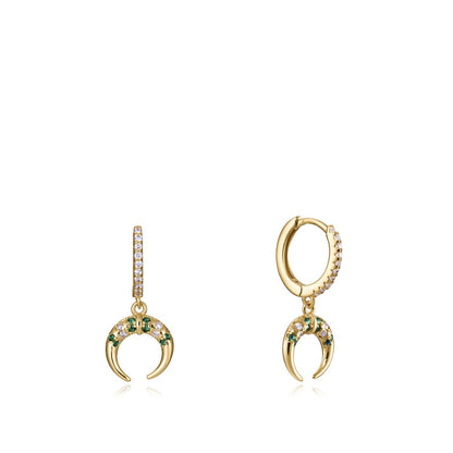 Elegant gold crescent earrings with gemstones, suitable for any occasion.