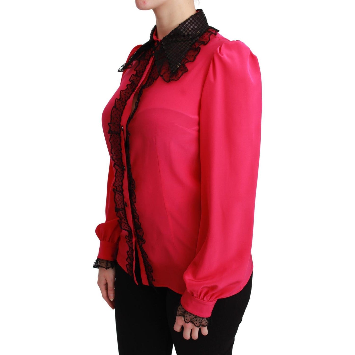 Dolce & Gabbana Pink Silk Black Sequin Lace Shirt Blouse TSH2673-40