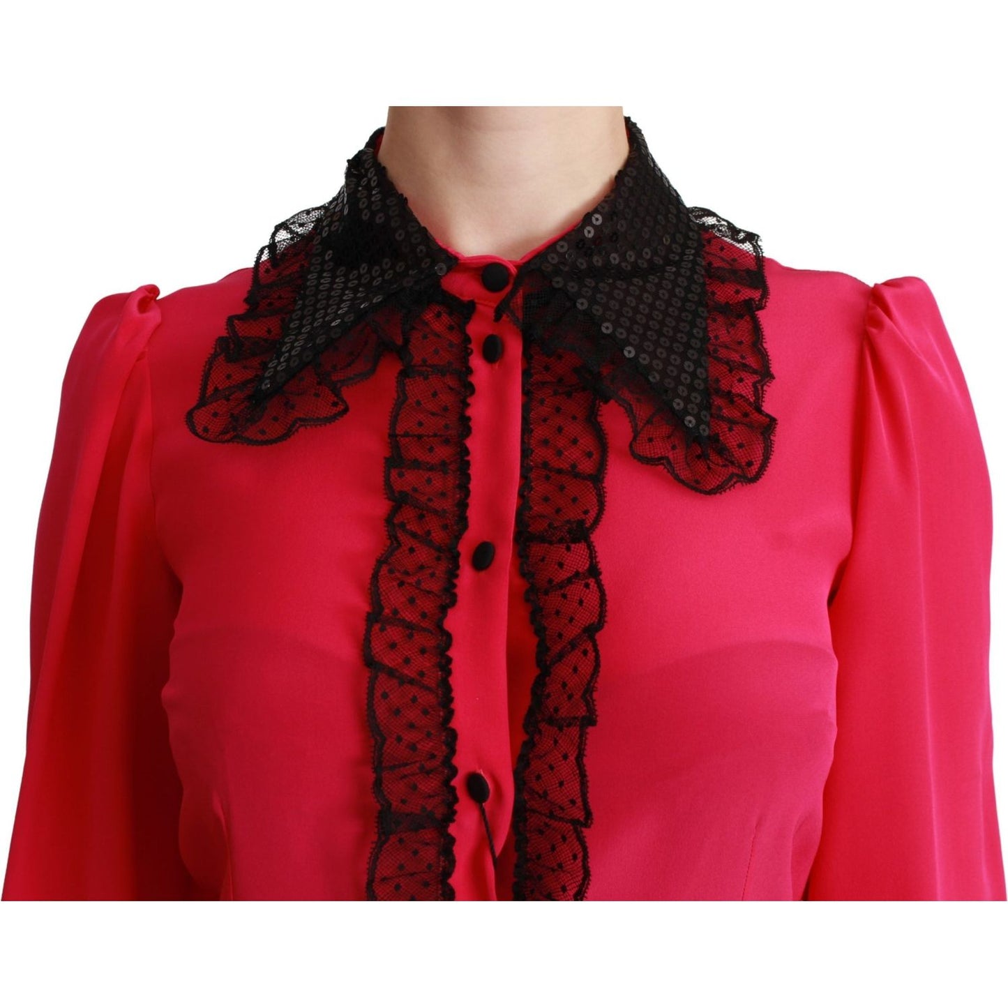 Dolce & Gabbana Pink Silk Black Sequin Lace Shirt Blouse TSH2673-40