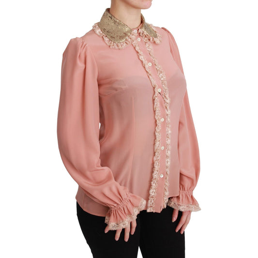 Dolce & Gabbana Elegant Pink Lace Silk Blouse with Gold Sequins Dolce & Gabbana Rosy Brown