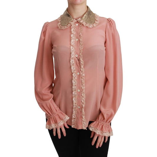 Dolce & Gabbana Elegant Pink Lace Silk Blouse with Gold Sequins Dolce & Gabbana Rosy Brown