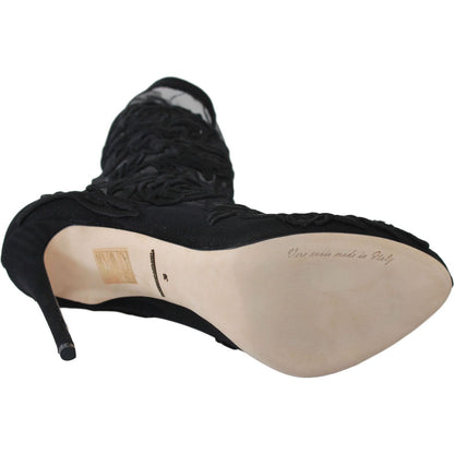 Dolce & Gabbana Black Roses Stilettos Booties Socks Shoes Shoes