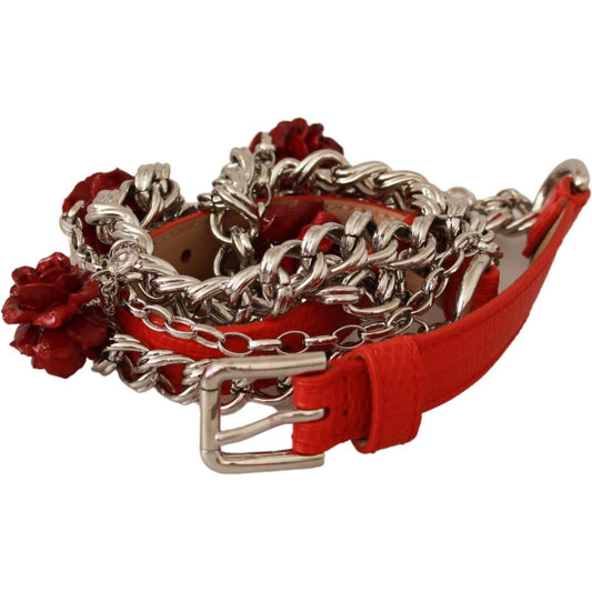 Dolce & Gabbana Elegant Floral Rose Waist Belt in Vibrant Red Belt Dolce & Gabbana Saddle Brown