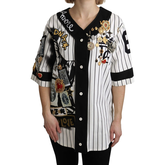 Dolce & Gabbana Elegant Striped V-Neck Charm Blouse Dolce & Gabbana Gray