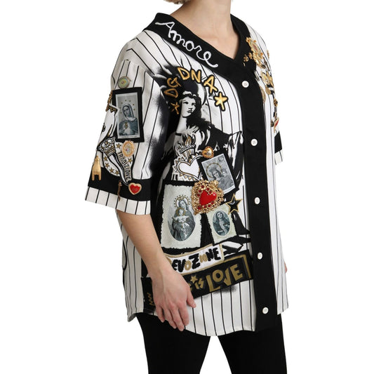 Dolce & Gabbana Elegant Striped V-Neck Charm Blouse Dolce & Gabbana Light Gray