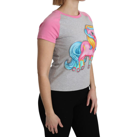 Moschino Chic Gray Crew Neck Cotton T-shirt with Pink Accents Moschino Rosy Brown