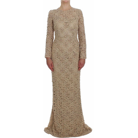 Dolce & Gabbana Beige Floral Lace Long Sleeve Maxi Dress Dolce & Gabbana Rosy Brown
