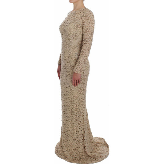 Dolce & Gabbana Beige Floral Lace Long Sleeve Maxi Dress Dolce & Gabbana Rosy Brown