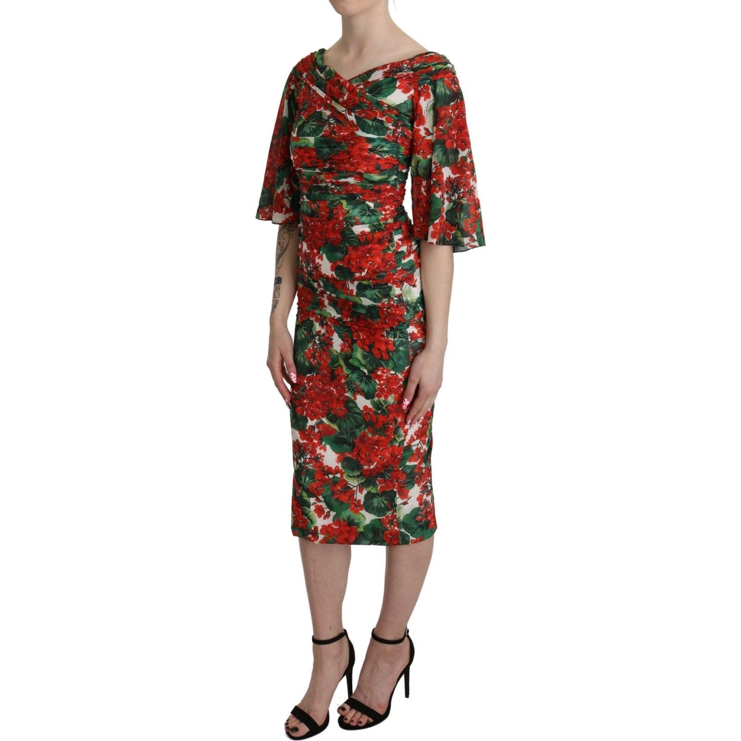 Dolce & Gabbana Red Floral Sheath Midi Silk Stretch Dress