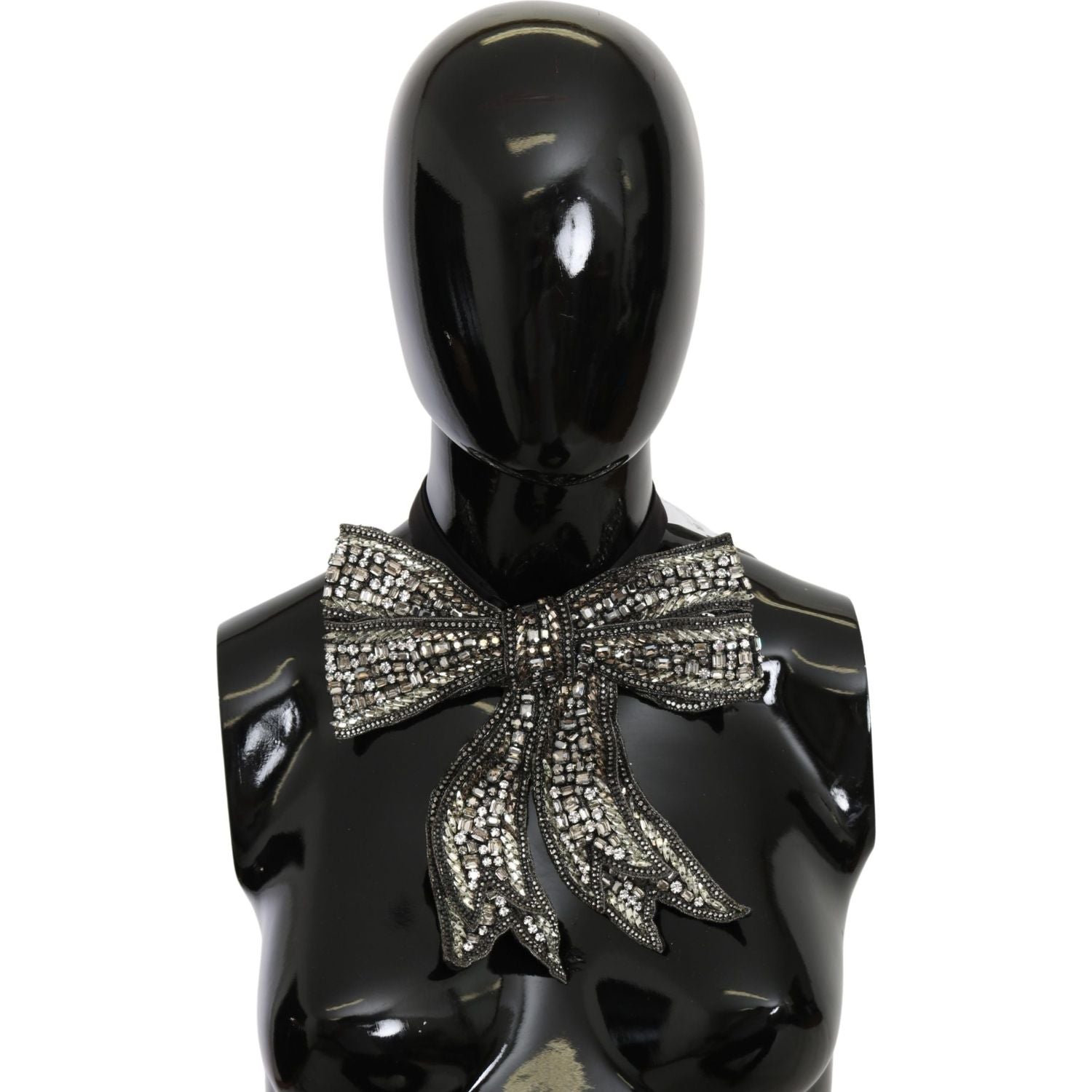 Dolce & Gabbana Silver Crystal Beaded Sequined 100% Silk Catwalk Necklace Bowtie