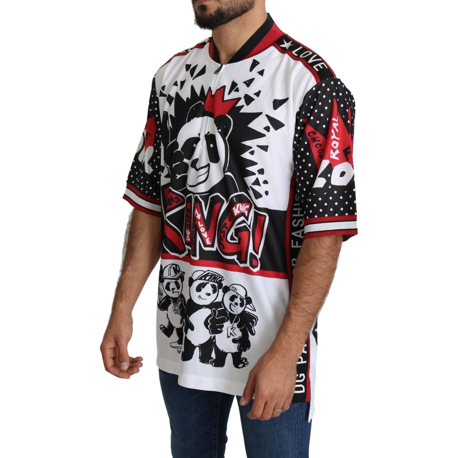 时尚白色大熊猫印花拉链领 T 恤