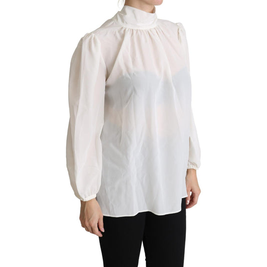 Dolce & Gabbana Elegant White Silk Pussy Bow Blouse Dolce & Gabbana Light Gray