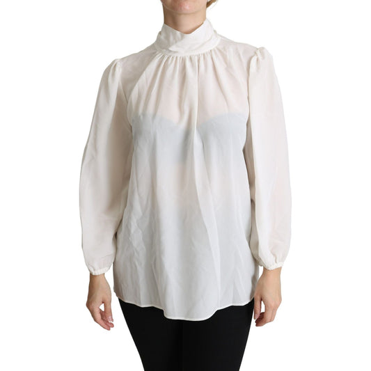 Dolce & Gabbana Elegant White Silk Pussy Bow Blouse Dolce & Gabbana Light Gray