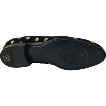 Dolce & Gabbana Blue Velvet Crown Slippers Loafers Shoes
