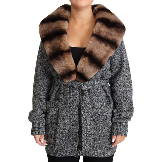 Dolce & Gabbana Elegant Cashmere Cardigan with Rabbit Fur Collar Dolce & Gabbana Dark Slate Gray