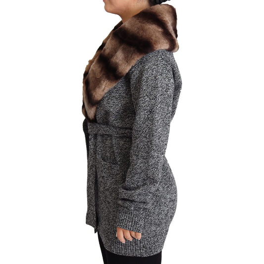 Dolce & Gabbana Elegant Cashmere Cardigan with Rabbit Fur Collar Dolce & Gabbana Dark Slate Gray
