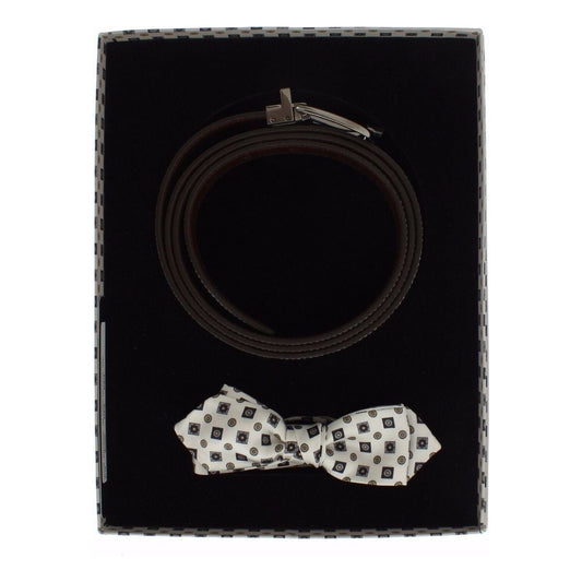 Dolce & Gabbana White Silk Bowtie Leather Men Belt Gift Box Belt